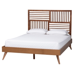 Baxton Studio Gemma Platform Bed - Mid-Century Modern Bed Frame with Slatted Wood Headboard and Angled Legs for Bedroom or Guest Room, Queen